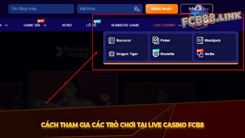 Cách tham gia các trò chơi tại Live Casino Fcb8